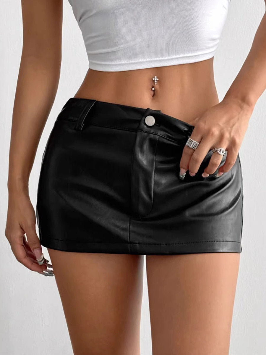Skirts Black Low Rise Waist PU Leather Sexy Spring Mini Women's Bottoms
