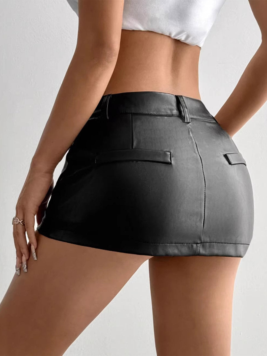 Skirts Black Low Rise Waist PU Leather Sexy Spring Mini Women's Bottoms