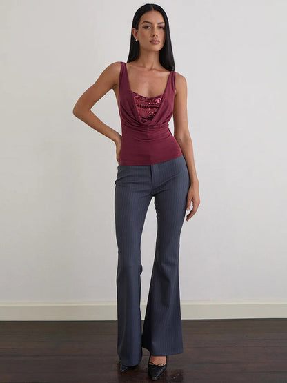 Cami Top Cowl Neck Sequins Casual Burgundy Camis For Women