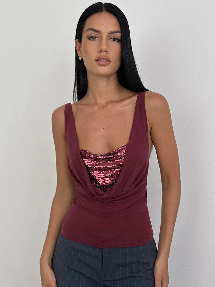 Cami Top Cowl Neck Sequins Casual Burgundy Camis For Women