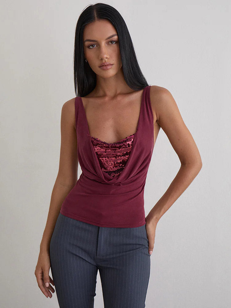 Cami Top Cowl Neck Sequins Casual Burgundy Camis For Women
