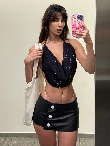 Skirts Black Low Rise Waist PU Leather Sexy Summer Mini Women's Bottoms