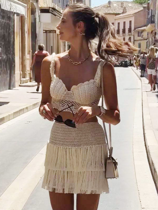 Two Piece Sets Skirt Set Ecru White Chic Fringe Beach Traps Neck Sleeveless Top Skirt Sets