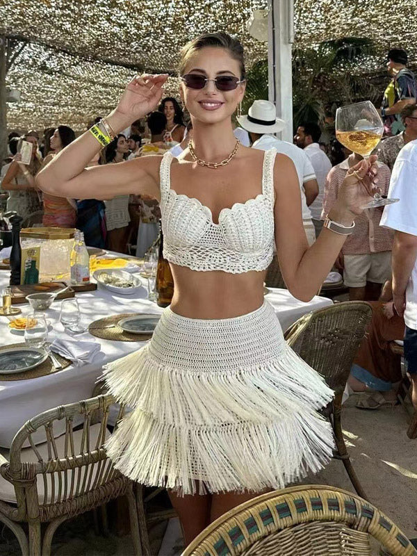 Two Piece Sets Skirt Set Ecru White Chic Fringe Beach Traps Neck Sleeveless Top Skirt Sets