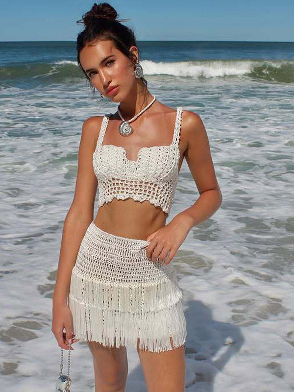 Two Piece Sets Skirt Set Ecru White Chic Fringe Beach Traps Neck Sleeveless Top Skirt Sets