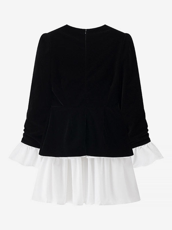 Date Night Dresses Faux Two-Piece Mini Ruffled Long Sleeves Two-Tone Chic Black Dress