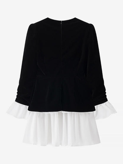 Date Night Dresses Faux Two-Piece Mini Ruffled Long Sleeves Two-Tone Chic Black Dress