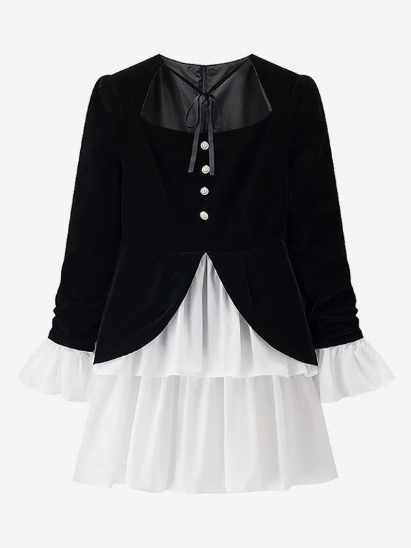 Date Night Dresses Faux Two-Piece Mini Ruffled Long Sleeves Two-Tone Chic Black Dress