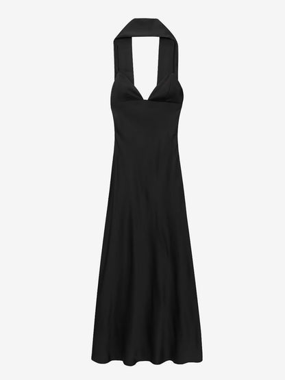 Creamy White Halter Neck Satin Maxi Dress For Women Elegant Formal Style