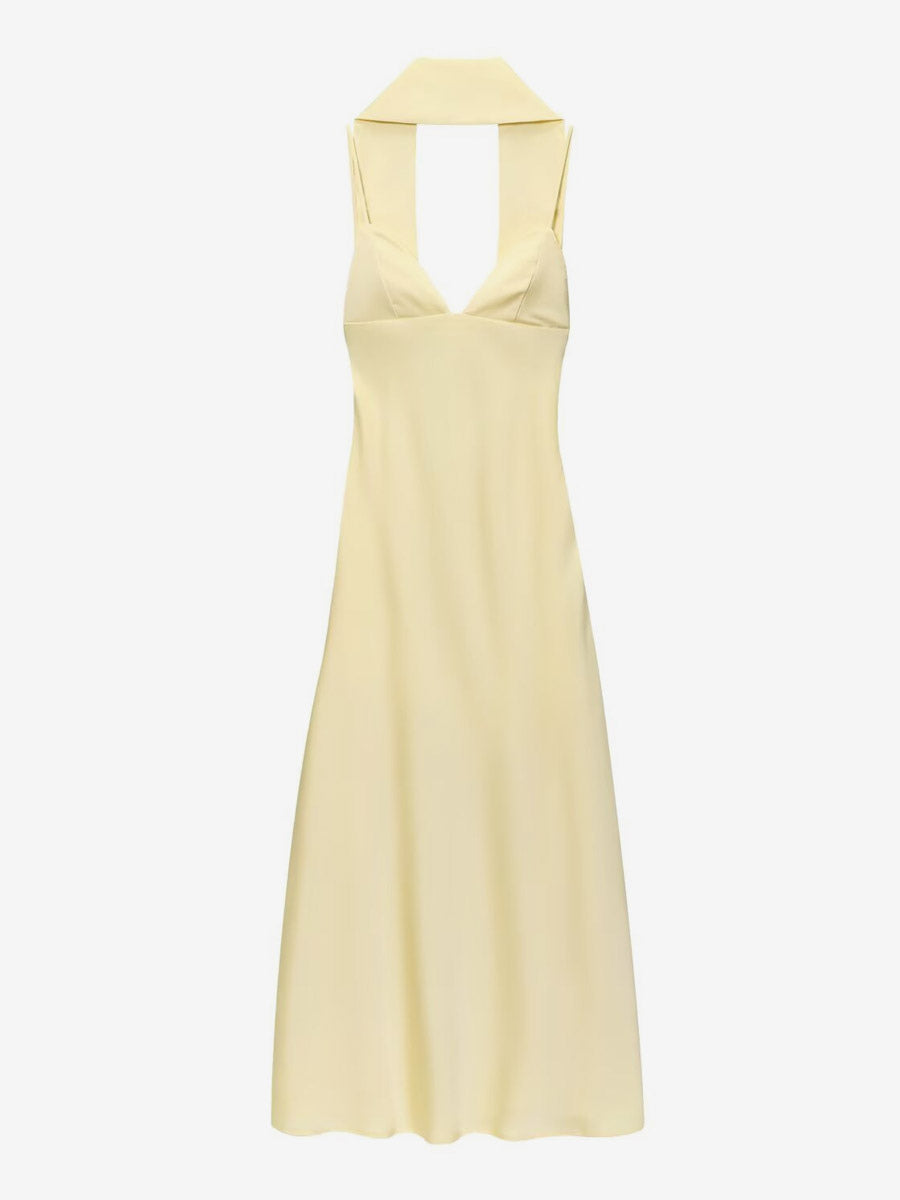 Creamy White Halter Neck Satin Maxi Dress For Women Elegant Formal Style