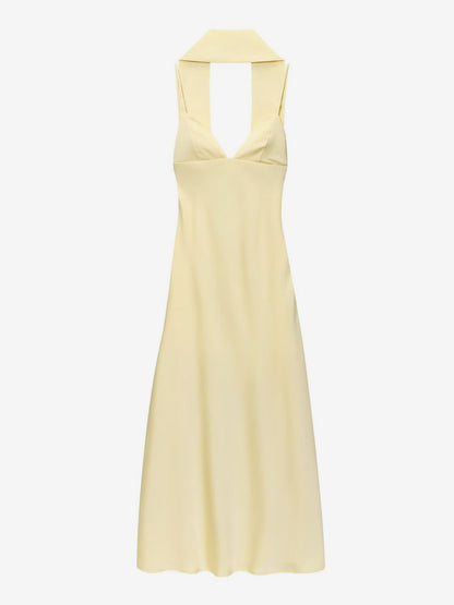 Creamy White Halter Neck Satin Maxi Dress For Women Elegant Formal Style