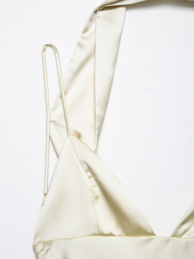 Creamy White Halter Neck Satin Maxi Dress For Women Elegant Formal Style