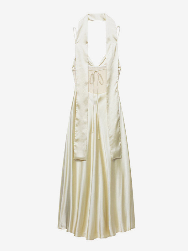 Creamy White Halter Neck Satin Maxi Dress For Women Elegant Formal Style