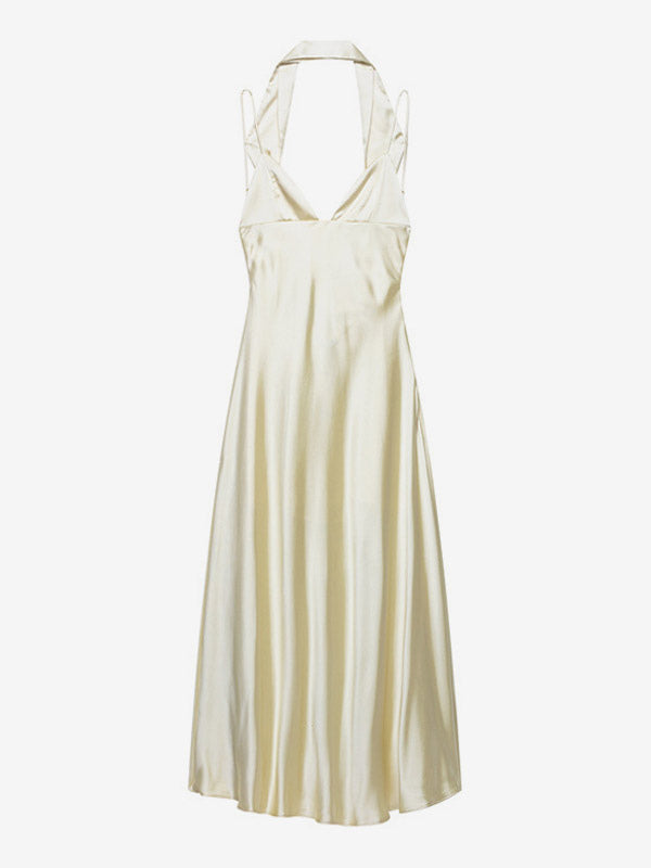 Creamy White Halter Neck Satin Maxi Dress For Women Elegant Formal Style
