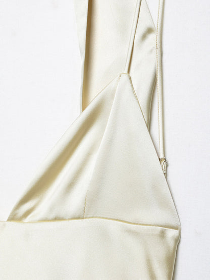 Creamy White Halter Neck Satin Maxi Dress For Women Elegant Formal Style