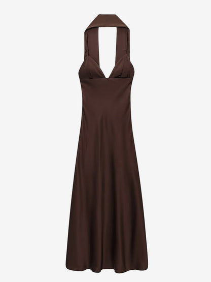 Creamy White Halter Neck Satin Maxi Dress For Women Elegant Formal Style