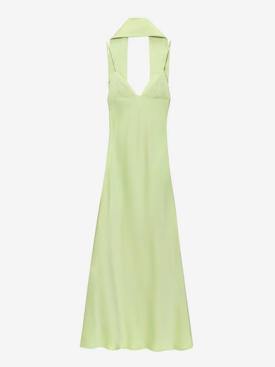Creamy White Halter Neck Satin Maxi Dress For Women Elegant Formal Style