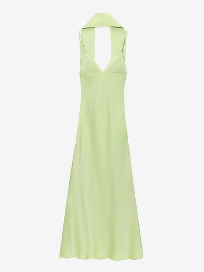 Creamy White Halter Neck Satin Maxi Dress For Women Elegant Formal Style