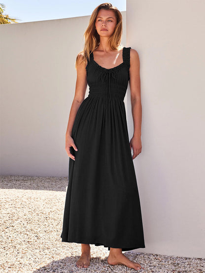 Cream V Neck Ruffled Strap Maxi Dress For Women Elegant Summer Style