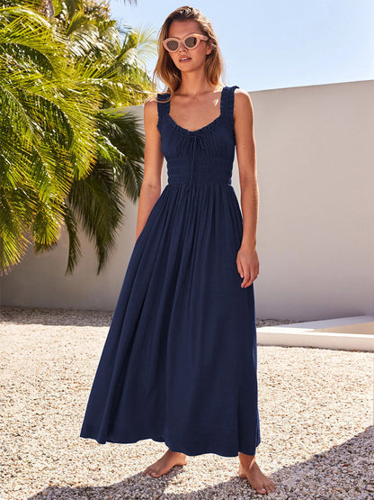 Cream V Neck Ruffled Strap Maxi Dress For Women Elegant Summer Style