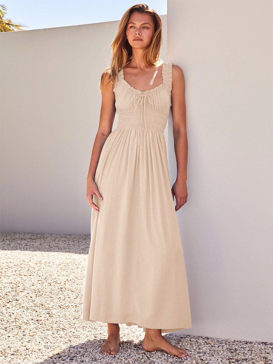 Cream V Neck Ruffled Strap Maxi Dress For Women Elegant Summer Style