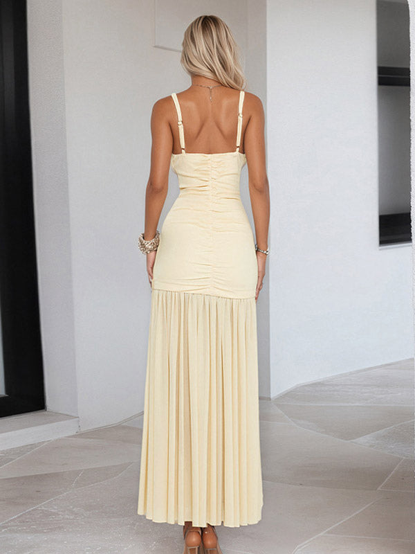 Cream V Neck Ruffled Sleeve Maxi Dress For Women Elegant Formal Style