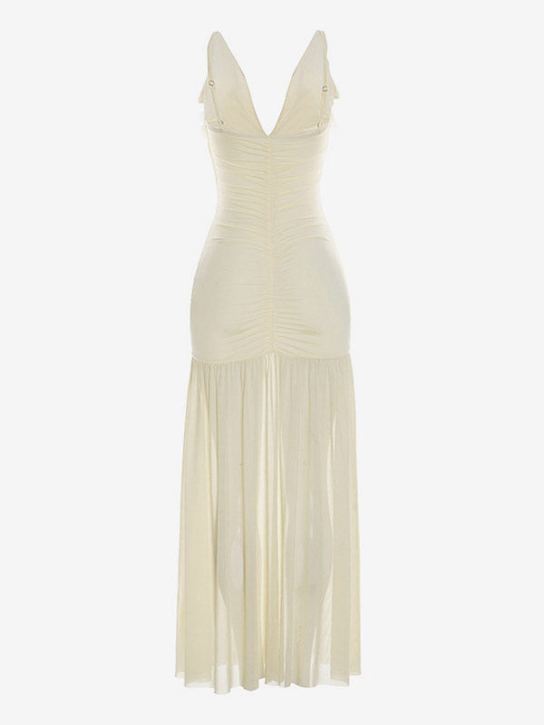 Cream V Neck Ruffled Sleeve Maxi Dress For Women Elegant Formal Style