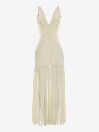 Cream V Neck Ruffled Sleeve Maxi Dress For Women Elegant Formal Style