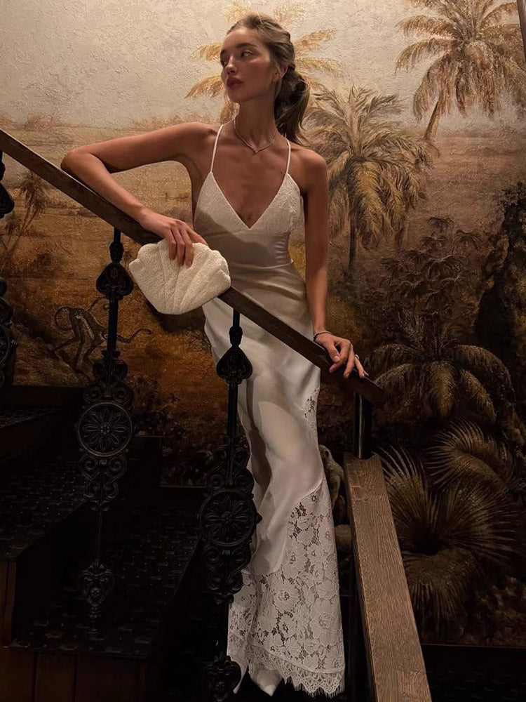 White Lace Panel Slip Maxi Dress For Women Elegant Evening Style