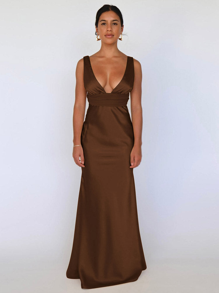 Ivory V Neck Satin Maxi Dress For Women Elegant Formal Style