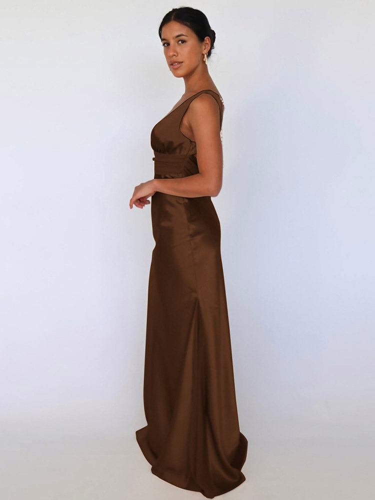 Ivory V Neck Satin Maxi Dress For Women Elegant Formal Style