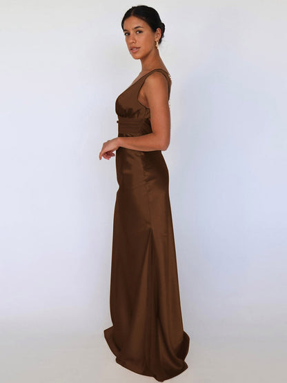 Ivory V Neck Satin Maxi Dress For Women Elegant Formal Style