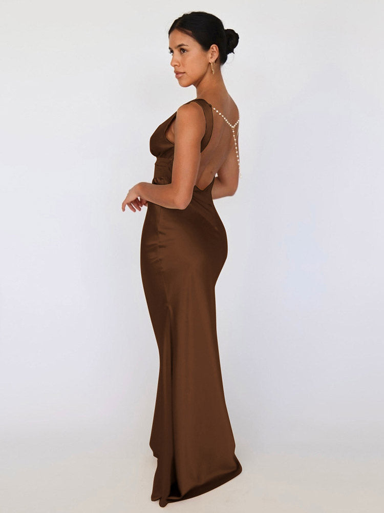 Ivory V Neck Satin Maxi Dress For Women Elegant Formal Style