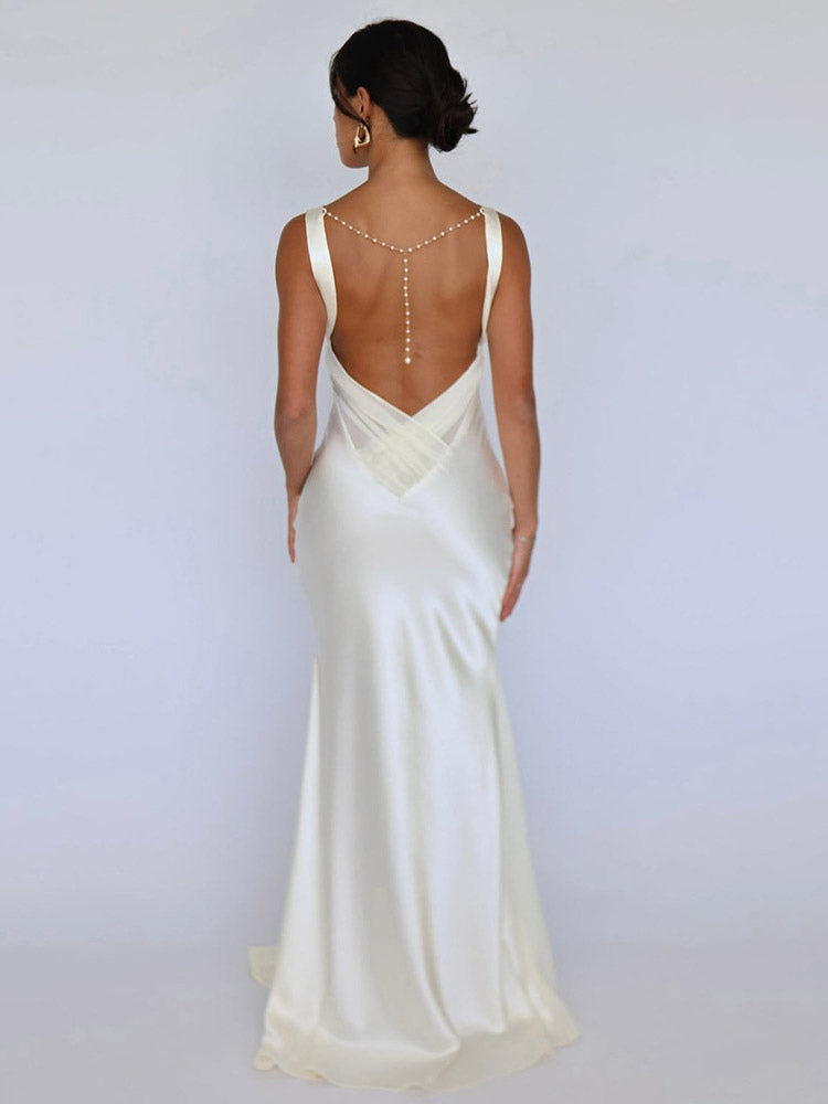 Ivory V Neck Satin Maxi Dress For Women Elegant Formal Style