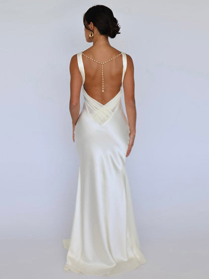 Ivory V Neck Satin Maxi Dress For Women Elegant Formal Style