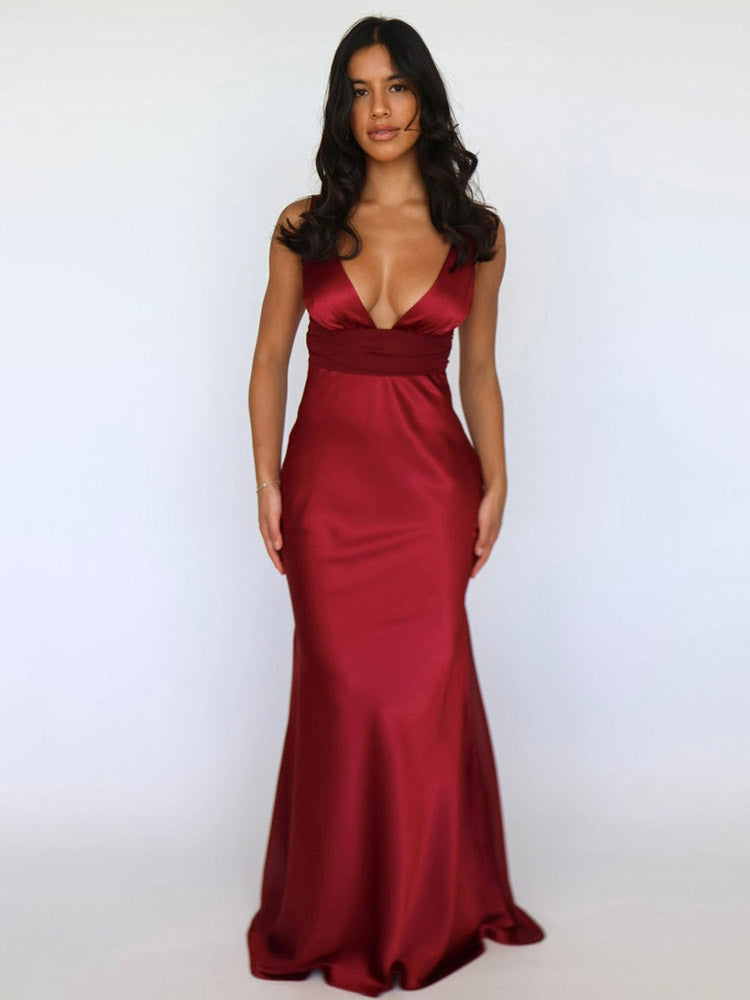 Ivory V Neck Satin Maxi Dress For Women Elegant Formal Style