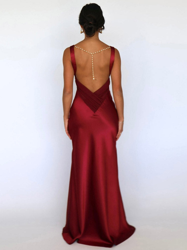 Ivory V Neck Satin Maxi Dress For Women Elegant Formal Style