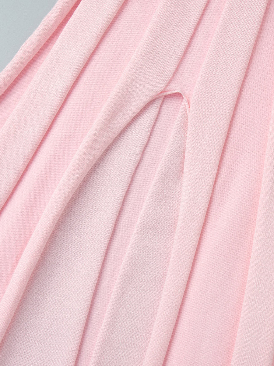 Soft Pink V Neck Knit Maxi Dress For Women Elegant Daily Style