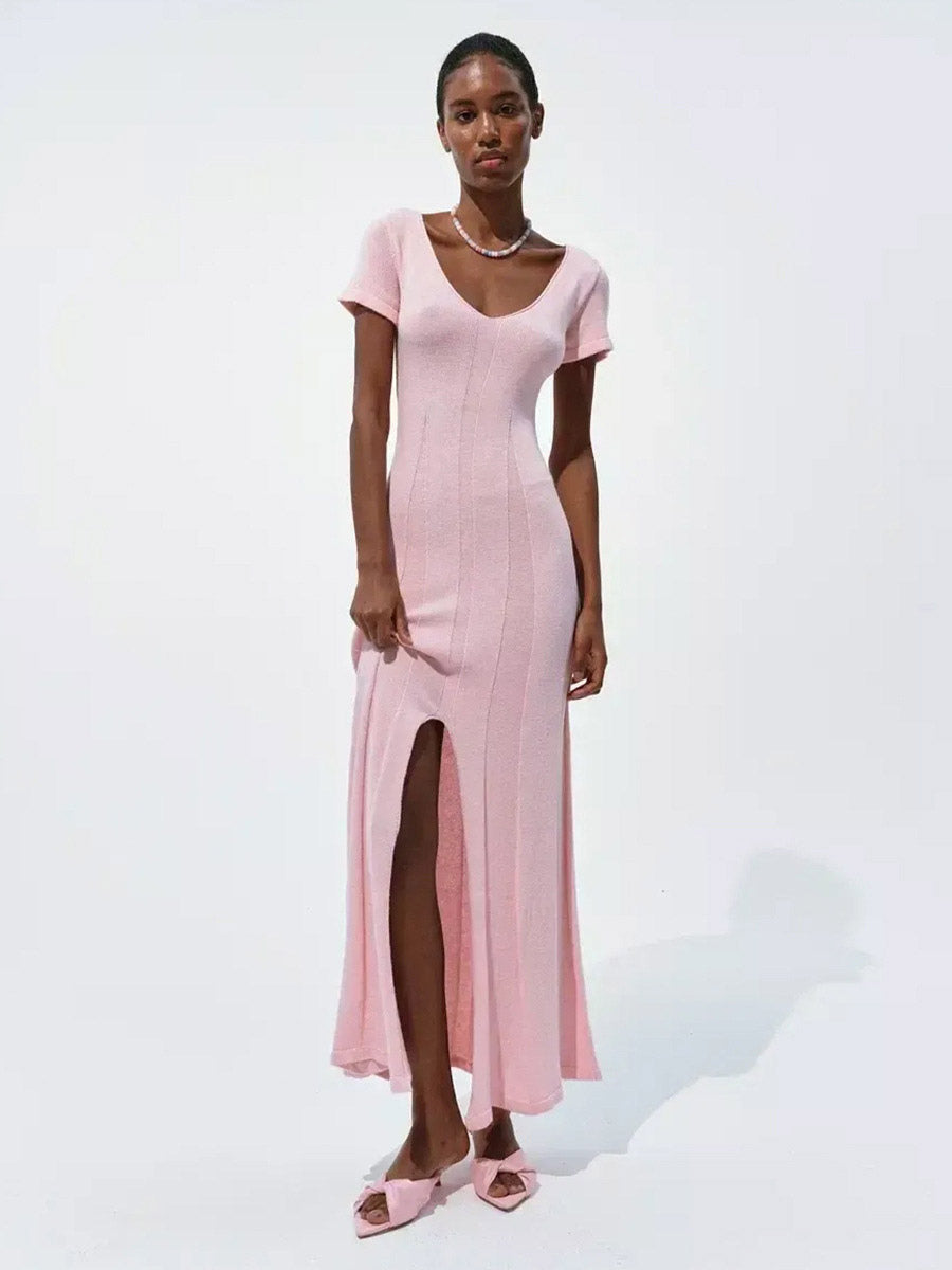 Soft Pink V Neck Knit Maxi Dress For Women Elegant Daily Style