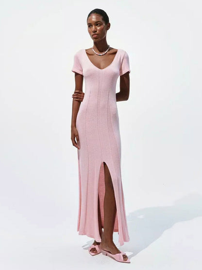 Soft Pink V Neck Knit Maxi Dress For Women Elegant Daily Style