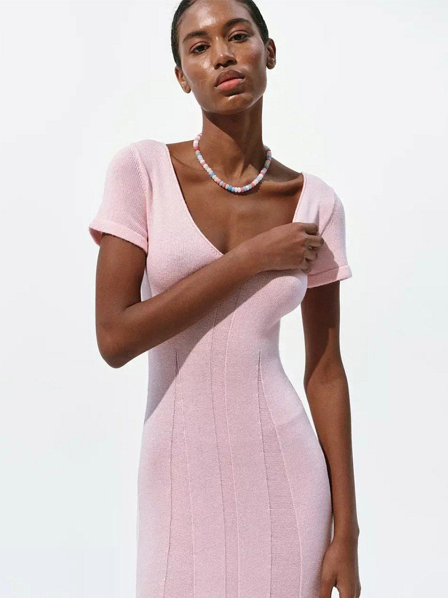 Soft Pink V Neck Knit Maxi Dress For Women Elegant Daily Style
