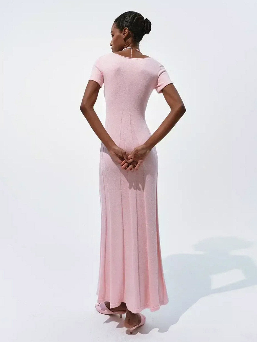 Soft Pink V Neck Knit Maxi Dress For Women Elegant Daily Style