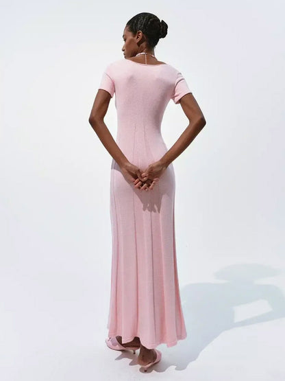 Soft Pink V Neck Knit Maxi Dress For Women Elegant Daily Style