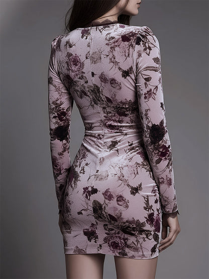 Date Night Mini Dresses Lace Long Sleeves Floral Print V-Neck Pink Dresses