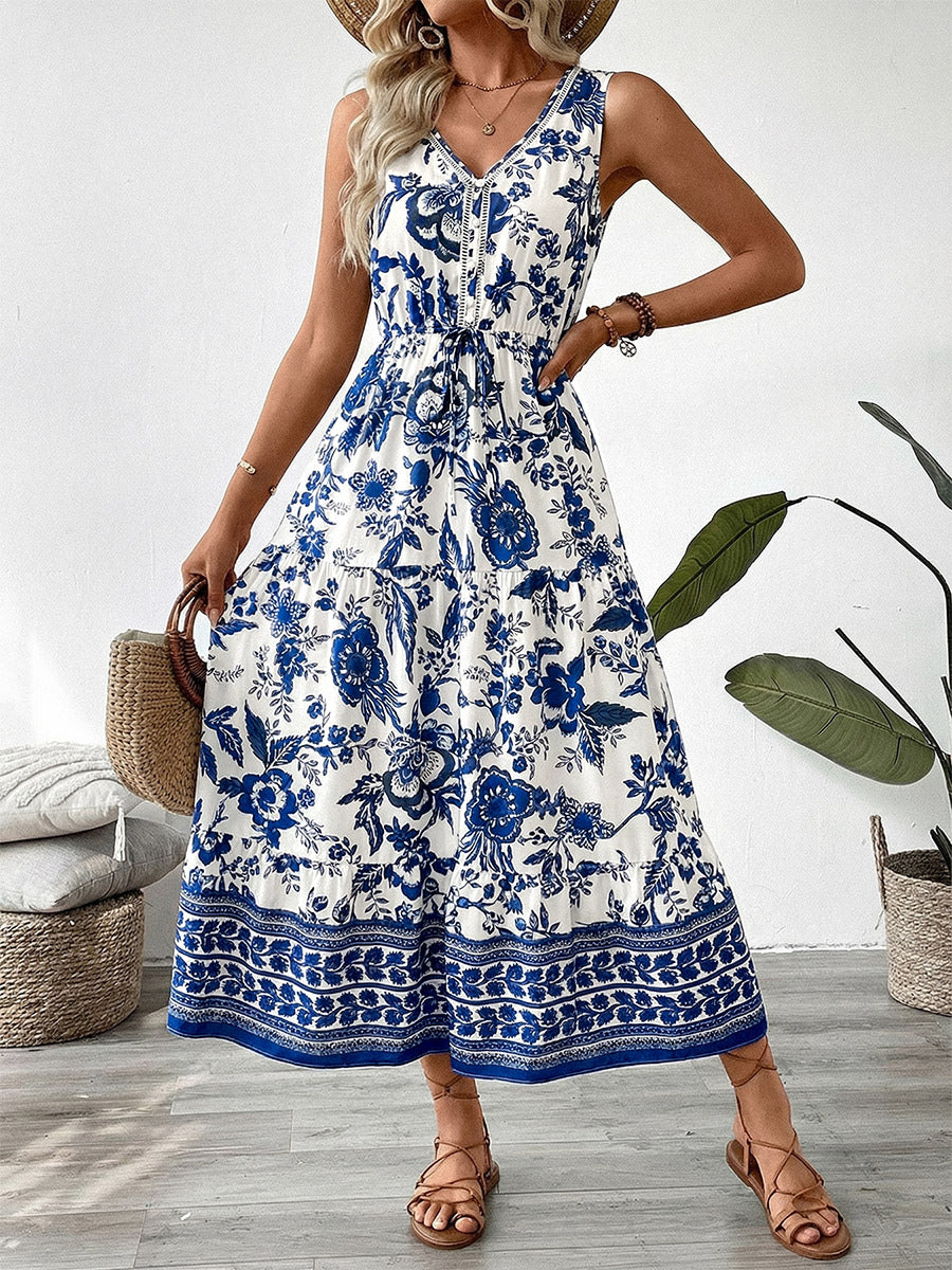 Vacation Dresses Midi Sleeveless Strapless V-Neck Chic Deep Blue Summer Dress