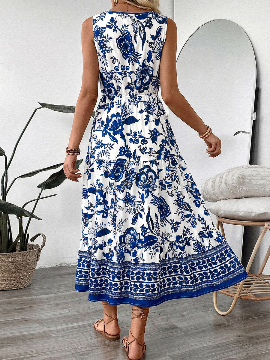 Vacation Dresses Midi Sleeveless Strapless V-Neck Chic Deep Blue Summer Dress