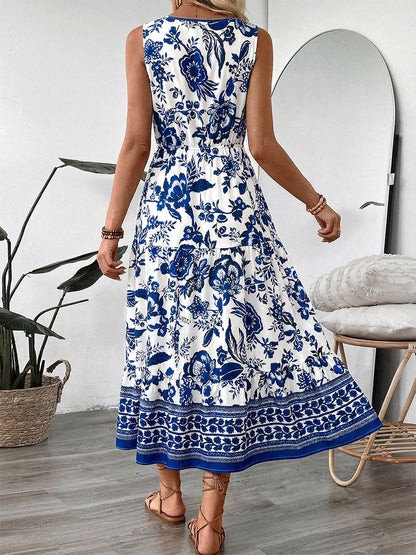 Vacation Dresses Midi Sleeveless Strapless V-Neck Chic Deep Blue Summer Dress