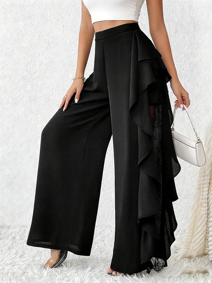 Pants Black Solid Color Ruffles Natural Waist Summer Trousers