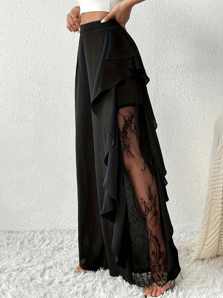Pants Black Solid Color Ruffles Natural Waist Summer Trousers