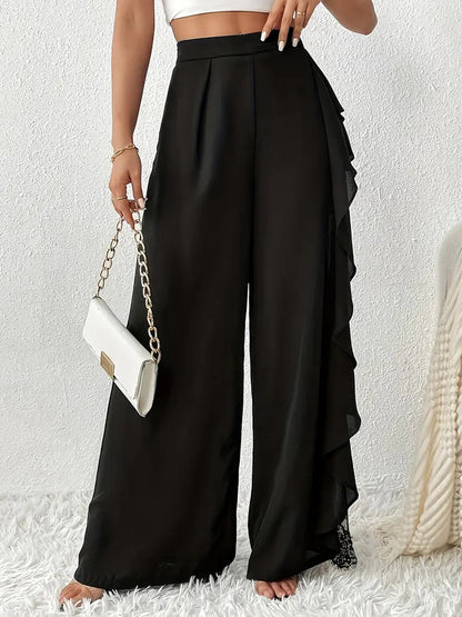 Pants Black Solid Color Ruffles Natural Waist Summer Trousers